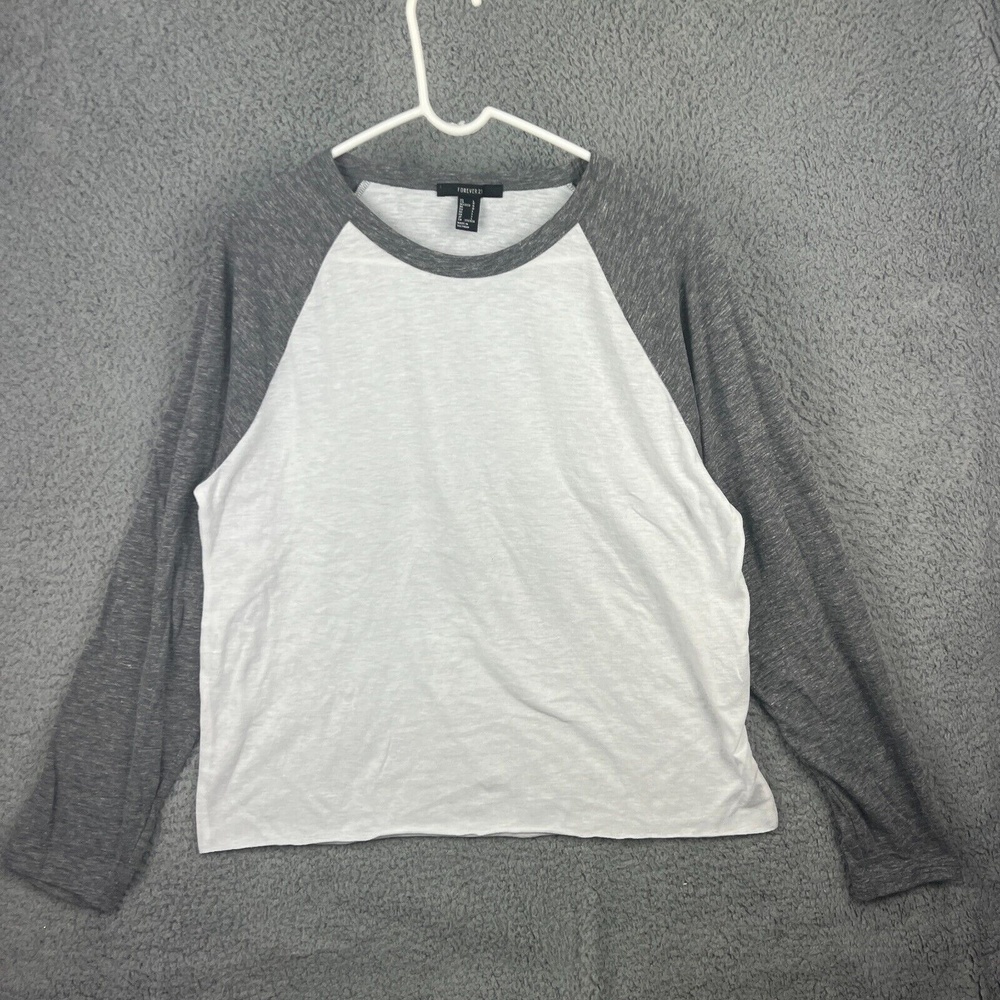 Forever 21 Women T Shirt Long Sleeve White Gray Large Raglan Crew Neck Pullover